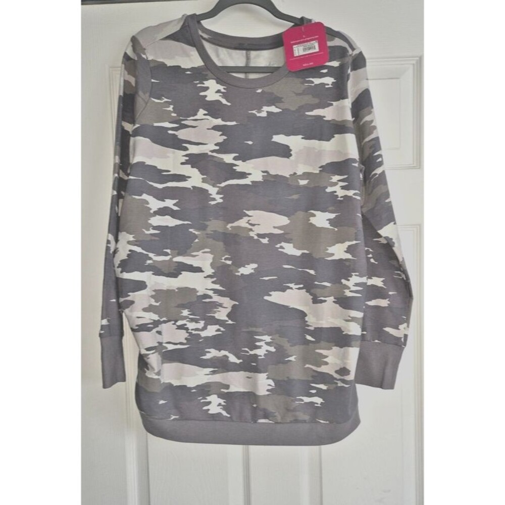 Isabel Maternity Womens Size L Gray/White Camouflage Sweatshirt Ruched Stretch
